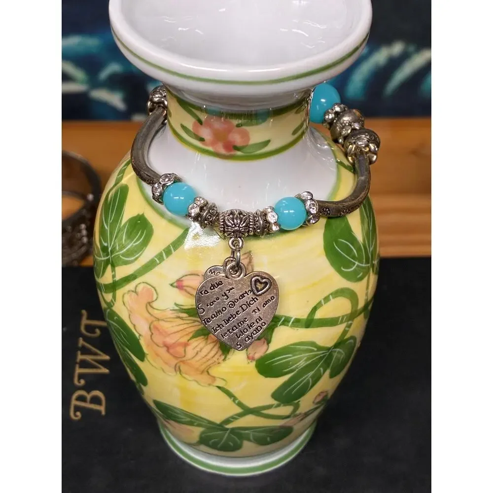 Turquoise Charm Bracelet with “I Love You” Heart Charms – Made with Love, Boho